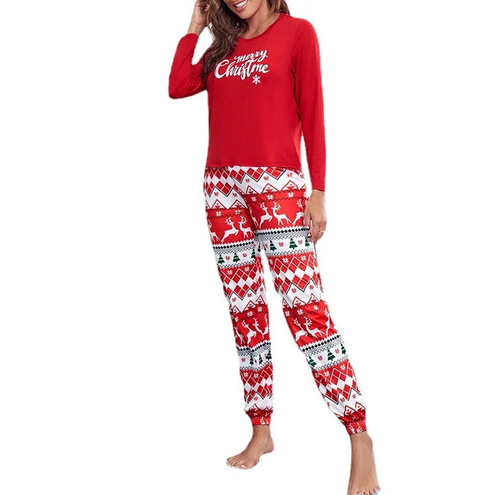 "Women’s Christmas Sleepwear | 2-Piece Red Elk Print Pajama Set with Long Sleeve Top & Trousers"