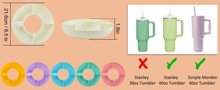 1 Pcs Snack Bowl for Stanley 40oz Tumbler – 4-Compartment Plastic Snack Tray, Compatible with 40oz Tumbler with Handle