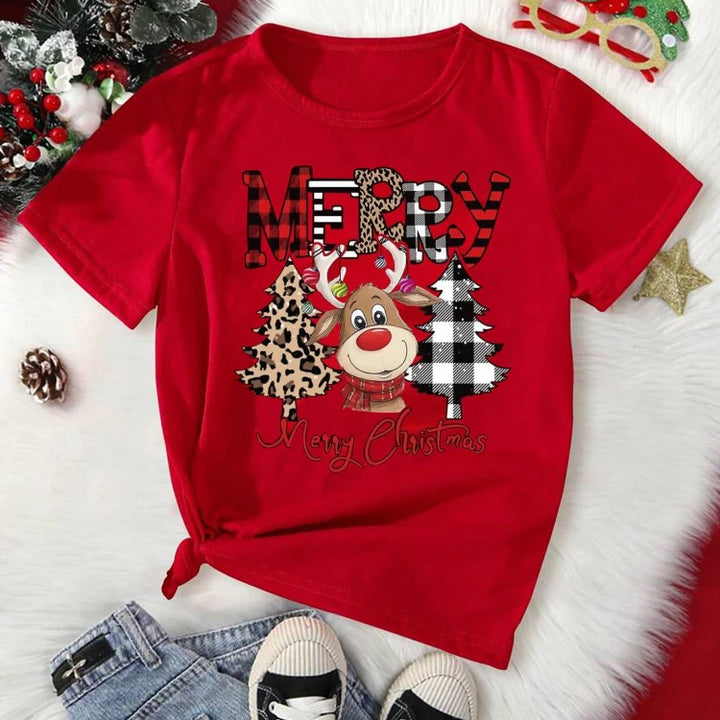 "Cute Reindeer Leopard Print Christmas T-Shirt | Women’s Casual Christmas Tree Graphic Tee" - Total Trends Fusion