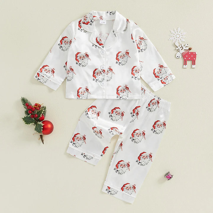 "Girls Christmas Pajama Set | Santa Claus Print Long Sleeve Shirt & Pants Loungewear Suit"