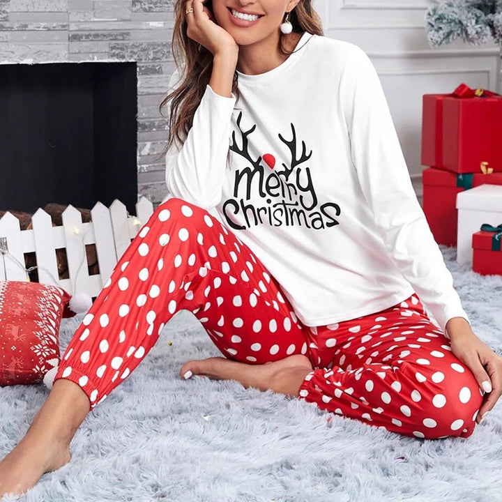 "Women’s Christmas Sleepwear | 2-Piece Red Elk Print Pajama Set with Long Sleeve Top & Trousers"