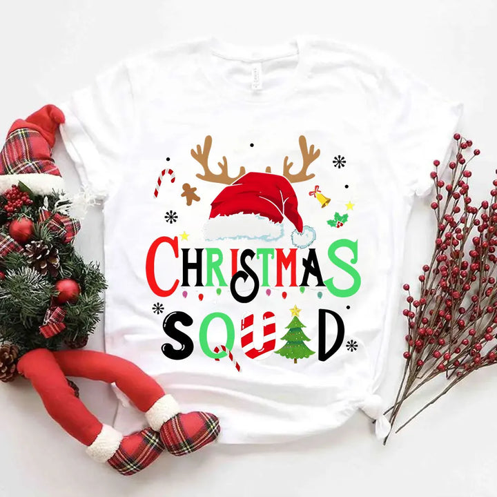 "Family Christmas 2024 Squad T-Shirts | Matching Santa Reindeer Team Shirts for Women"