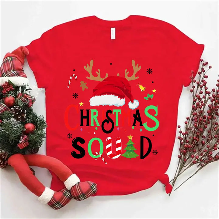 "Family Christmas 2024 Squad T-Shirts | Matching Santa Reindeer Team Shirts for Women"