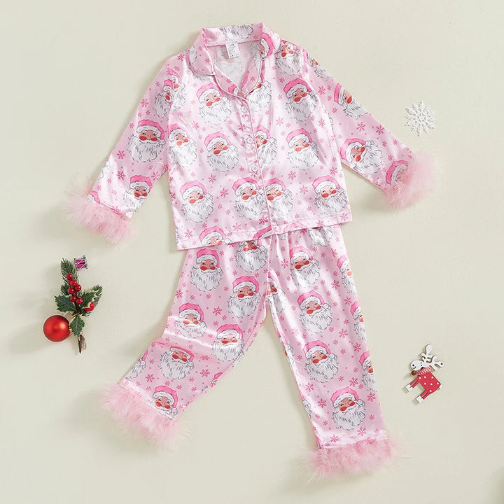 Toddler Kids Baby Girl Christmas Pajamas Sets Satin Santa Claus/Plaid Print Long Sleeve Feather Trim Shirts Pants Sleepwear