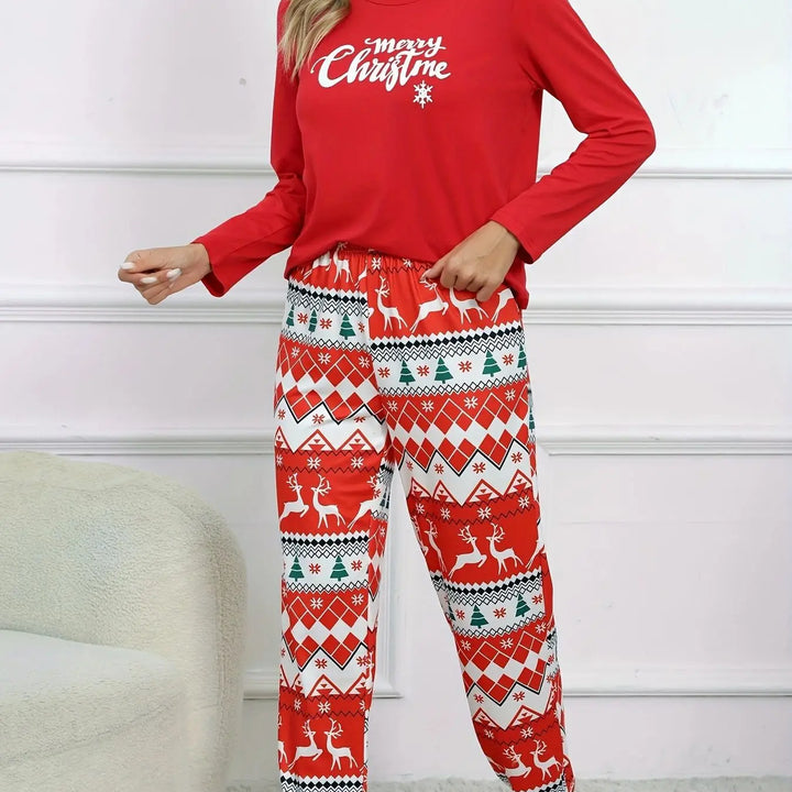 "Women’s Christmas Sleepwear | 2-Piece Red Elk Print Pajama Set with Long Sleeve Top & Trousers"