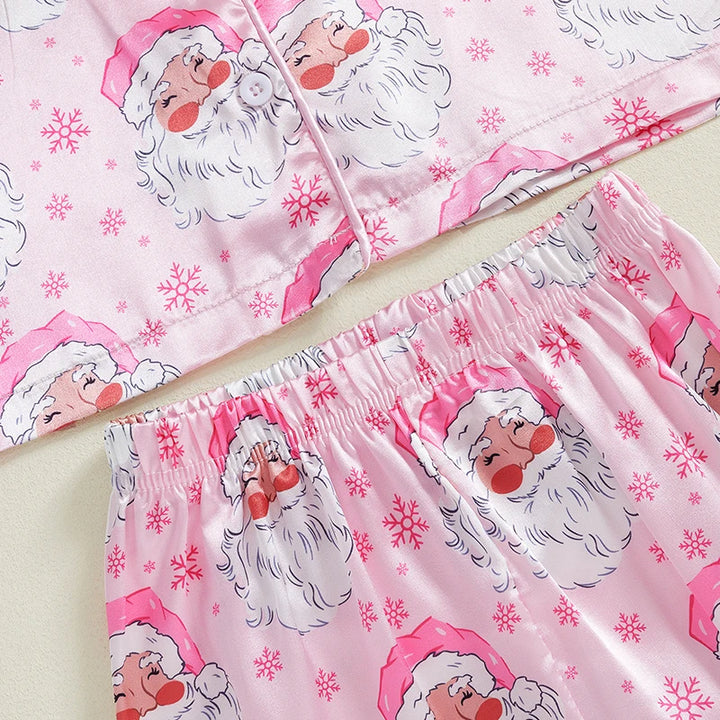 Toddler Kids Baby Girl Christmas Pajamas Sets Satin Santa Claus/Plaid Print Long Sleeve Feather Trim Shirts Pants Sleepwear