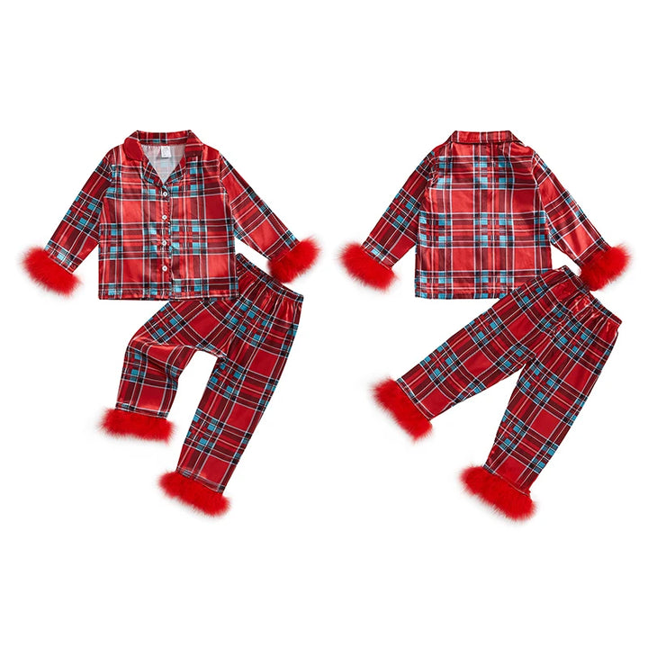 Toddler Kids Baby Girl Christmas Pajamas Sets Satin Santa Claus/Plaid Print Long Sleeve Feather Trim Shirts Pants Sleepwear