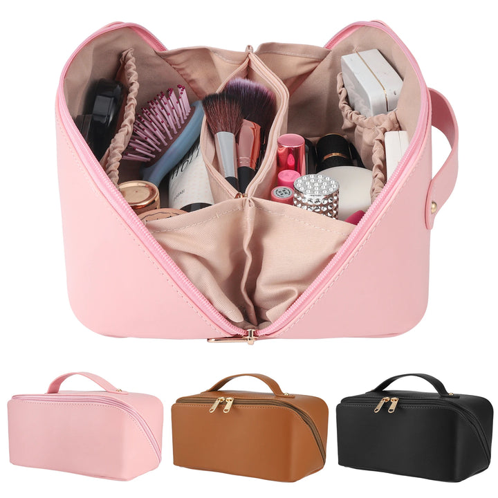 "Travel Makeup Bag | Large Capacity Waterproof Cosmetic Organizer with Handle & Divider"