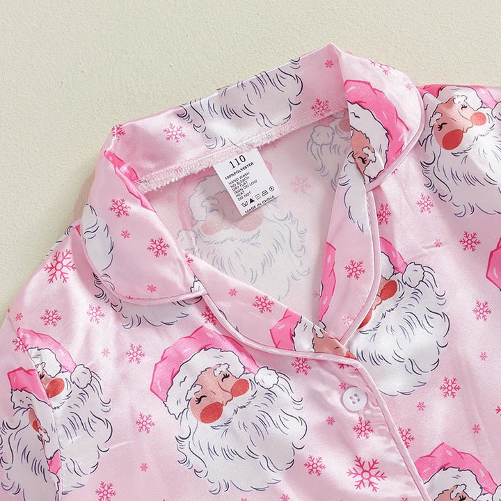 Toddler Kids Baby Girl Christmas Pajamas Sets Satin Santa Claus/Plaid Print Long Sleeve Feather Trim Shirts Pants Sleepwear