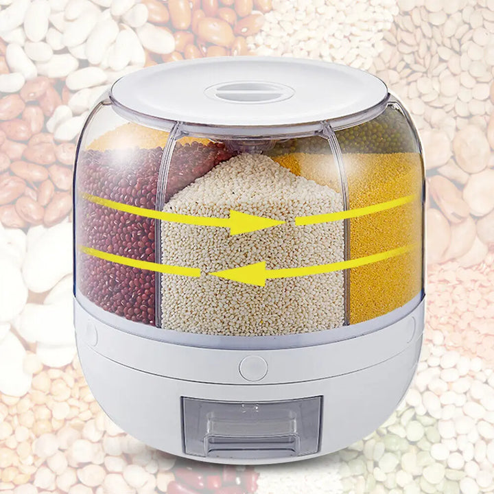 360° Rotating Food Dispenser Large-Capacity Storage Bucket Container 6-Grid Cereal Rice Sealed Tank Grain Box For Kitchen - Total Trends Fusion