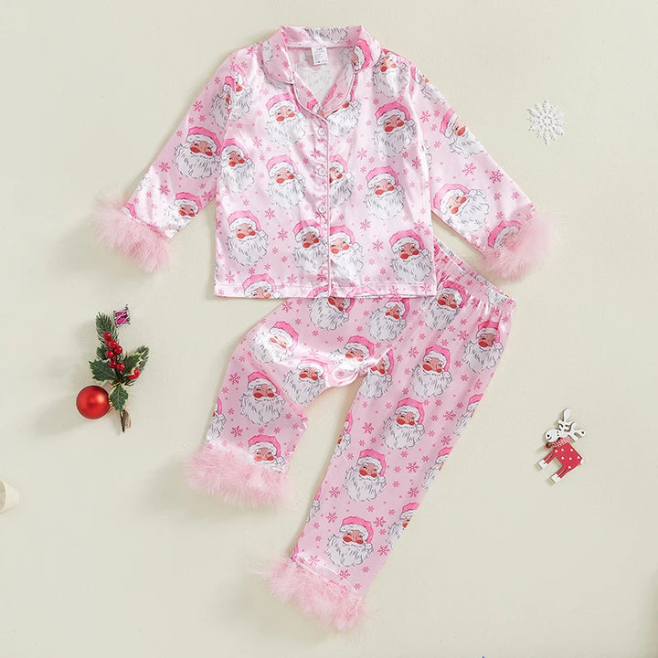 Toddler Kids Baby Girl Christmas Pajamas Sets Satin Santa Claus/Plaid Print Long Sleeve Feather Trim Shirts Pants Sleepwear