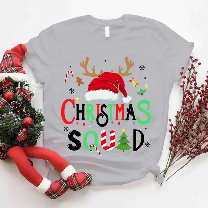 "Family Christmas 2024 Squad T-Shirts | Matching Santa Reindeer Team Shirts for Women"