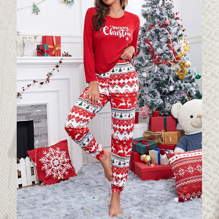 "Women’s Christmas Sleepwear | 2-Piece Red Elk Print Pajama Set with Long Sleeve Top & Trousers"