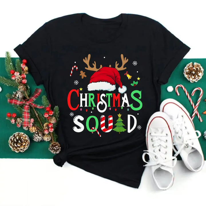 "Family Christmas 2024 Squad T-Shirts | Matching Santa Reindeer Team Shirts for Women"