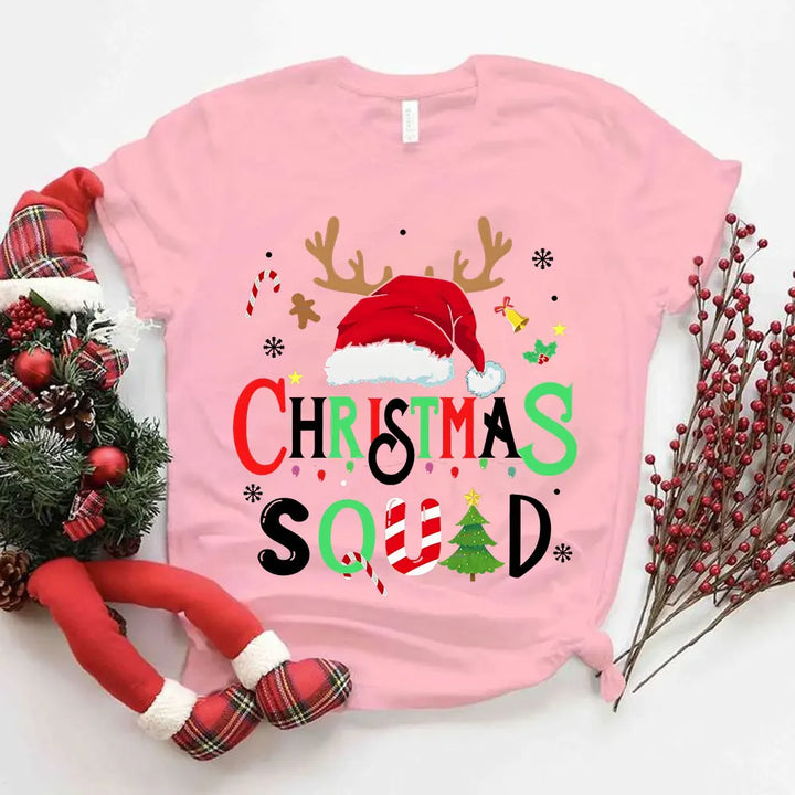 "Family Christmas 2024 Squad T-Shirts | Matching Santa Reindeer Team Shirts for Women"