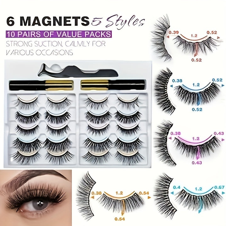 10 Pairs Magnetic Eyelashes Kit - Natural Looking, Reusable, Easy to Wear, No Glue Needed, 3D 5D False Lashes with Latest Six Magnets Technology, Long-Lasting, Water Resistant, and Gentle on Eyes