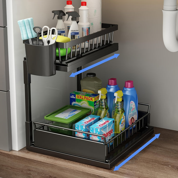 2 Tier Pull Out Cabinet Organizer, Metal Under Sink Organizer Slide Out Cabinet Drawers Heavy Duty Pull Out Shelves for Kitchen, Pantry, Bathroom White - Total Trends Fusion