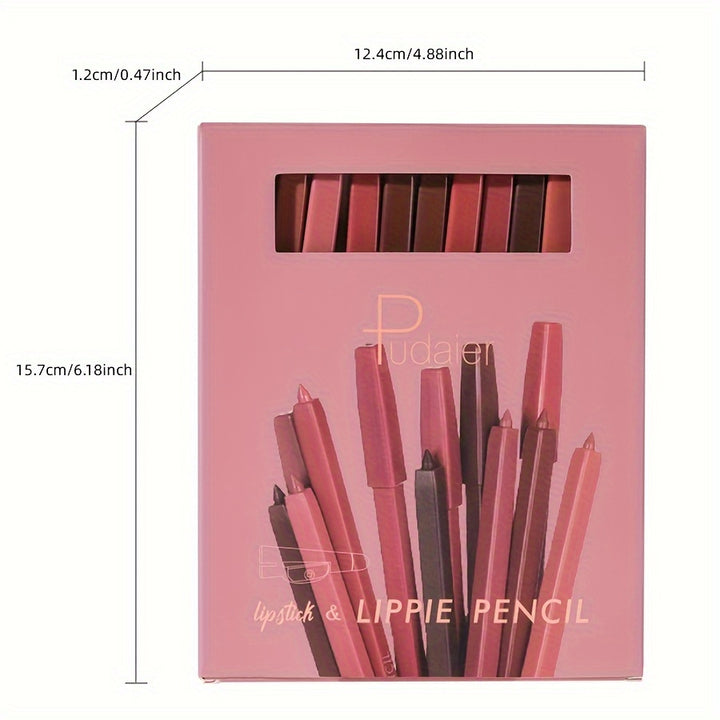 Pudaier 12 Pcs Lippie Pencil Waterproof Sweatproof Lip Liner Easy Coloring Non-fading Color Rendering Lip Makeup Set - Total Trends Fusion