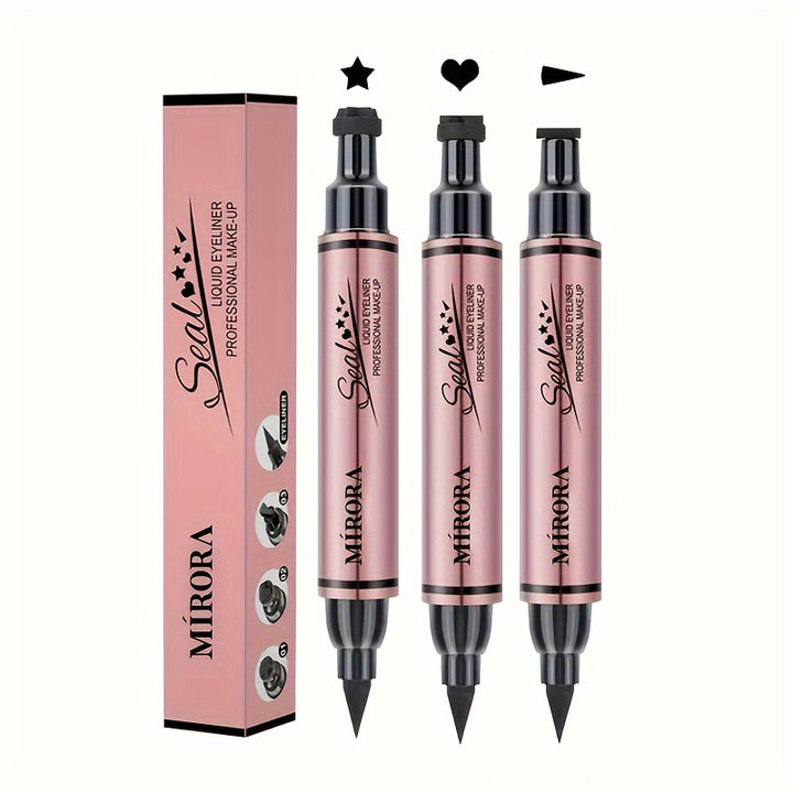 3pcs Nature Makeup Effect Black Eyeliner Stamp - Waterproof, Smudge Proof Liquid Liner Pen With Winged, Star, And Heart Stamps For Easy Cat Eye Stencil Tool - All Eye Shapes Compatible - Total Trends Fusion