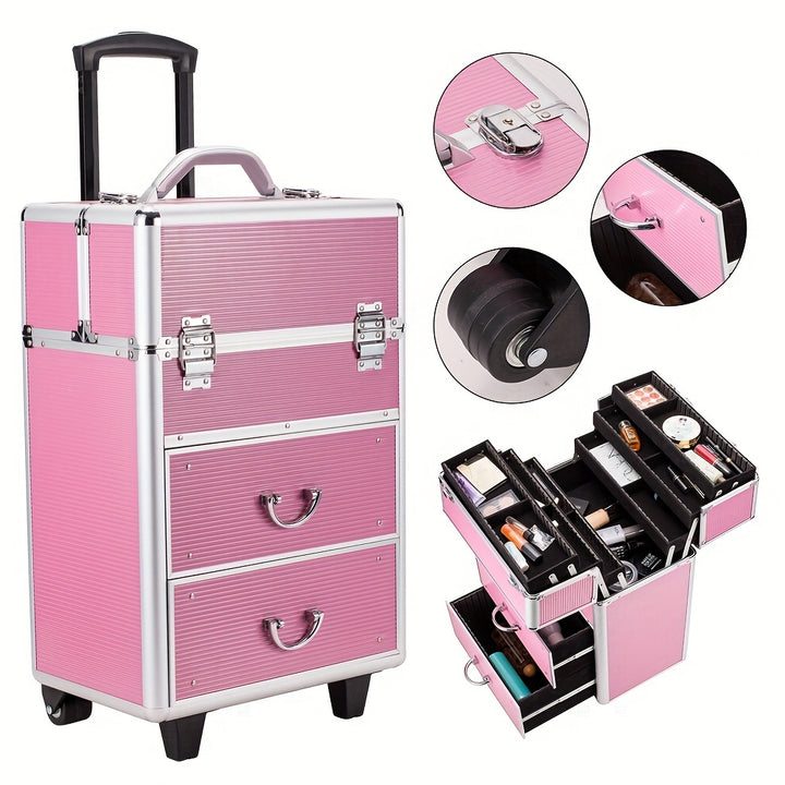 4-tier Lockable Cosmetic Makeup Train Case With Extendable Trays Pink For Beauty Salon - Total Trends Fusion