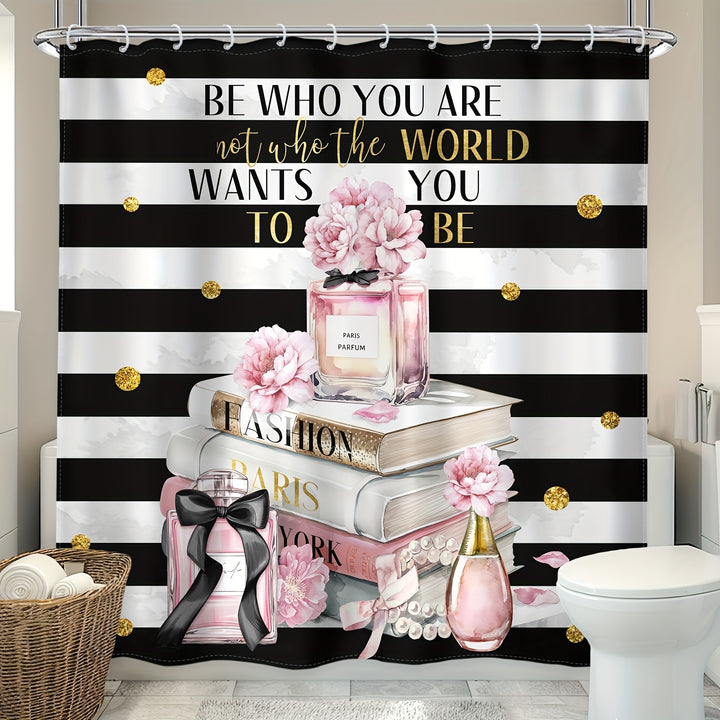 1/4 pcs Fashion Shower Curtain Set – Black & White Striped with Pink Accent, Waterproof, Non-Slip Mats & Complete Bathroom Accessories - Total Trends Fusion