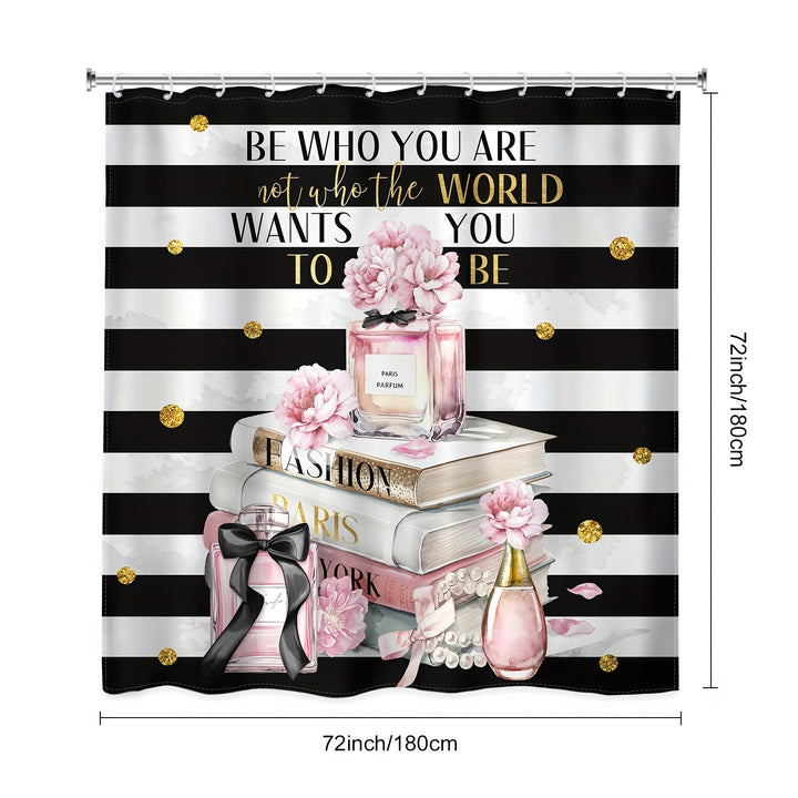 1/4 pcs Fashion Shower Curtain Set – Black & White Striped with Pink Accent, Waterproof, Non-Slip Mats & Complete Bathroom Accessories - Total Trends Fusion