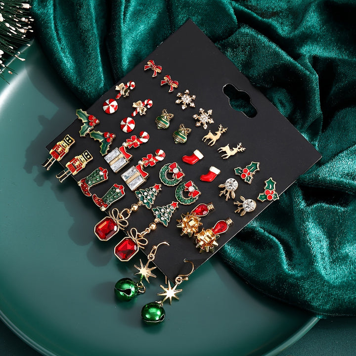 1 Set Of 20 Pairs Christmas Earrings- Christmas Tree Bow Tie Bell Elk Snowflake Earrings Set For Women Suitable For Christmas Party. - Total Trends Fusion