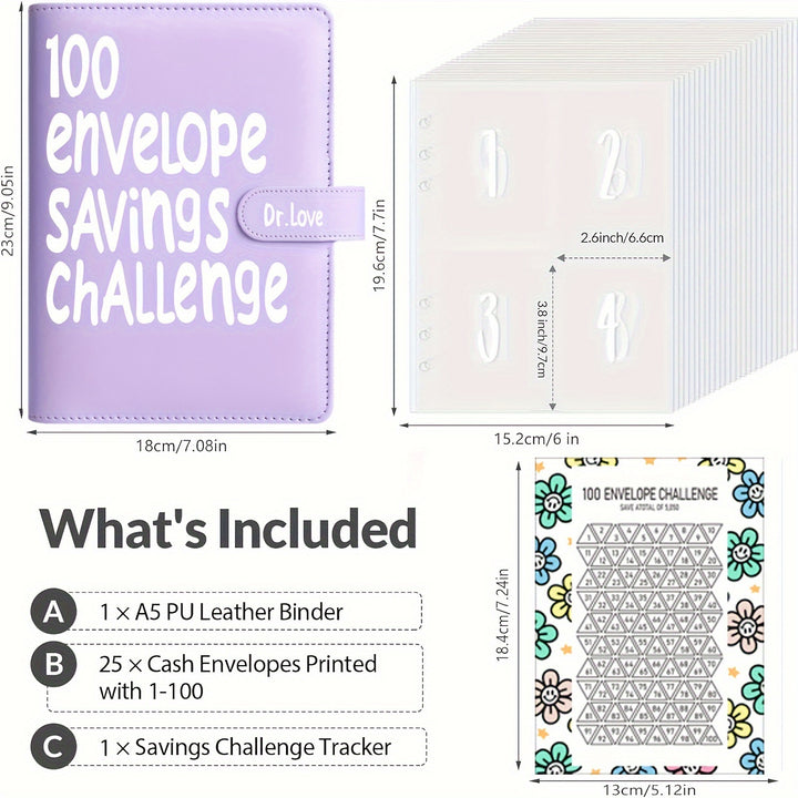 100 Envelope Savings Challenge Binder - Cash Savings Planner with Numbered Pockets to Save $5050 in 100 Days, Coin Envelope Budget Book with Tracker by Dr.Love